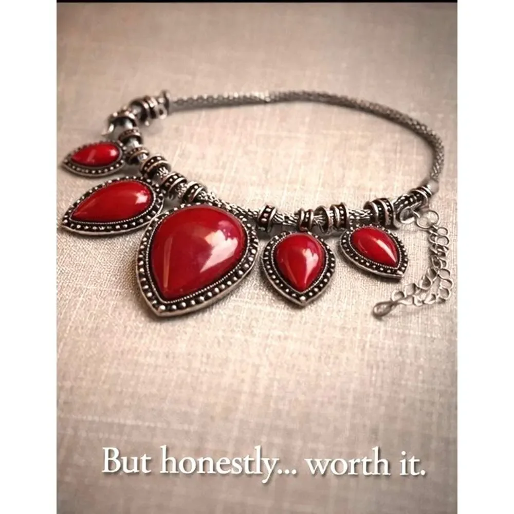 Whimsy Goth Red Statement Necklace, Gothic Bib, Snake Chain,Vampirecore Jewelry